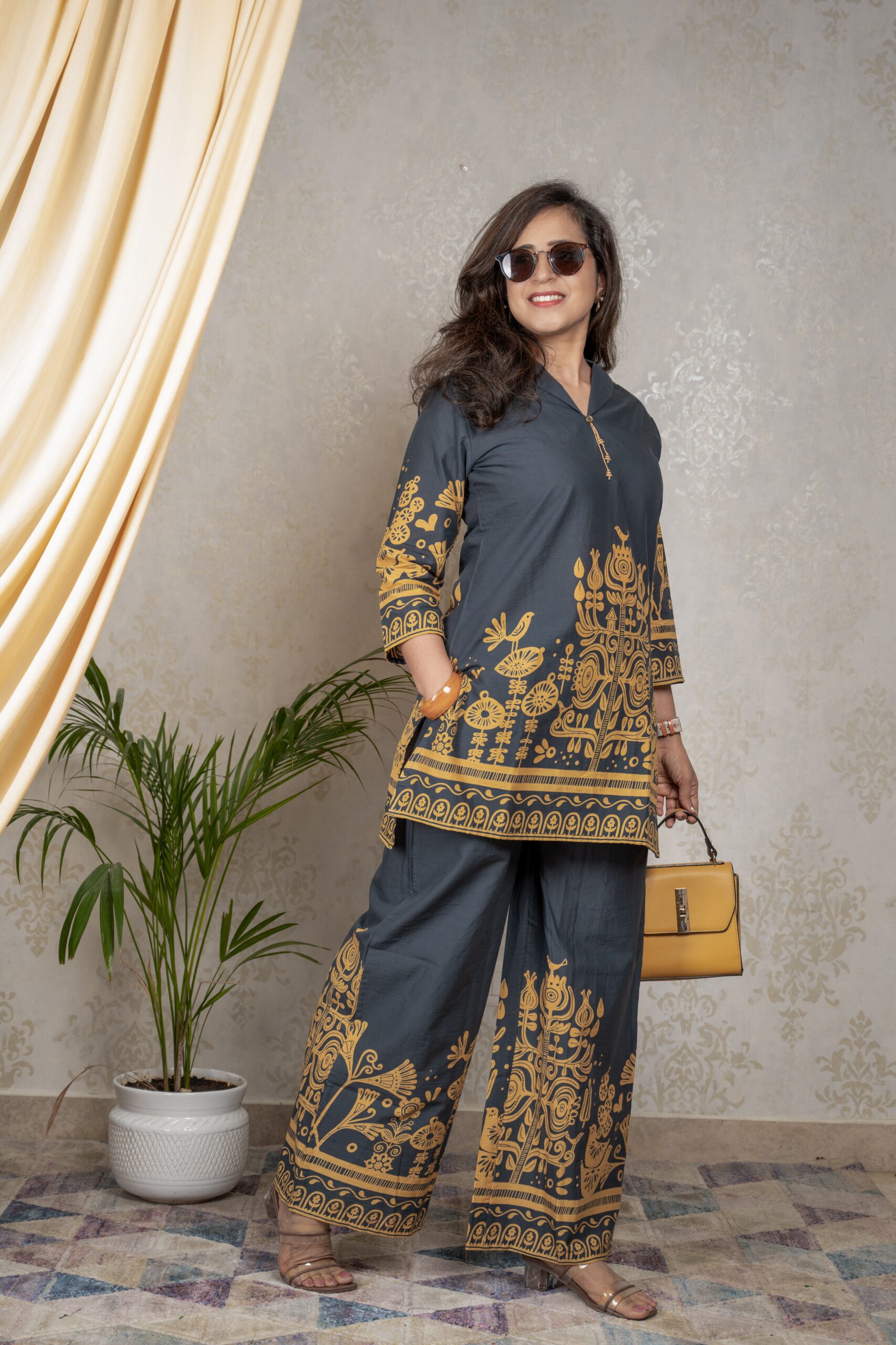 Golden Dusk – Charcoal Coord Set with Mustard Tribal Print