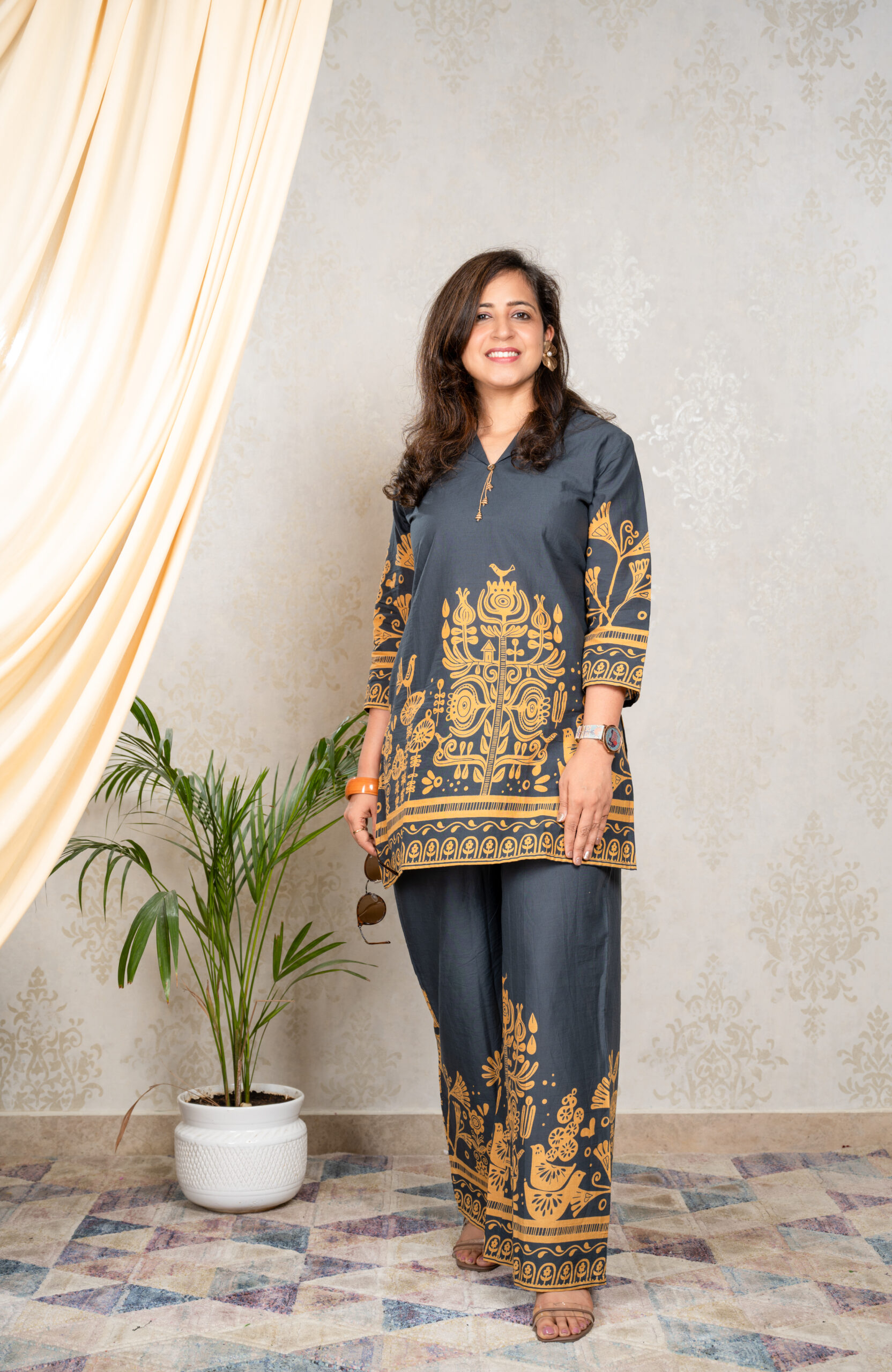 Golden Dusk – Charcoal Coord Set with Mustard Tribal Print - Image 4