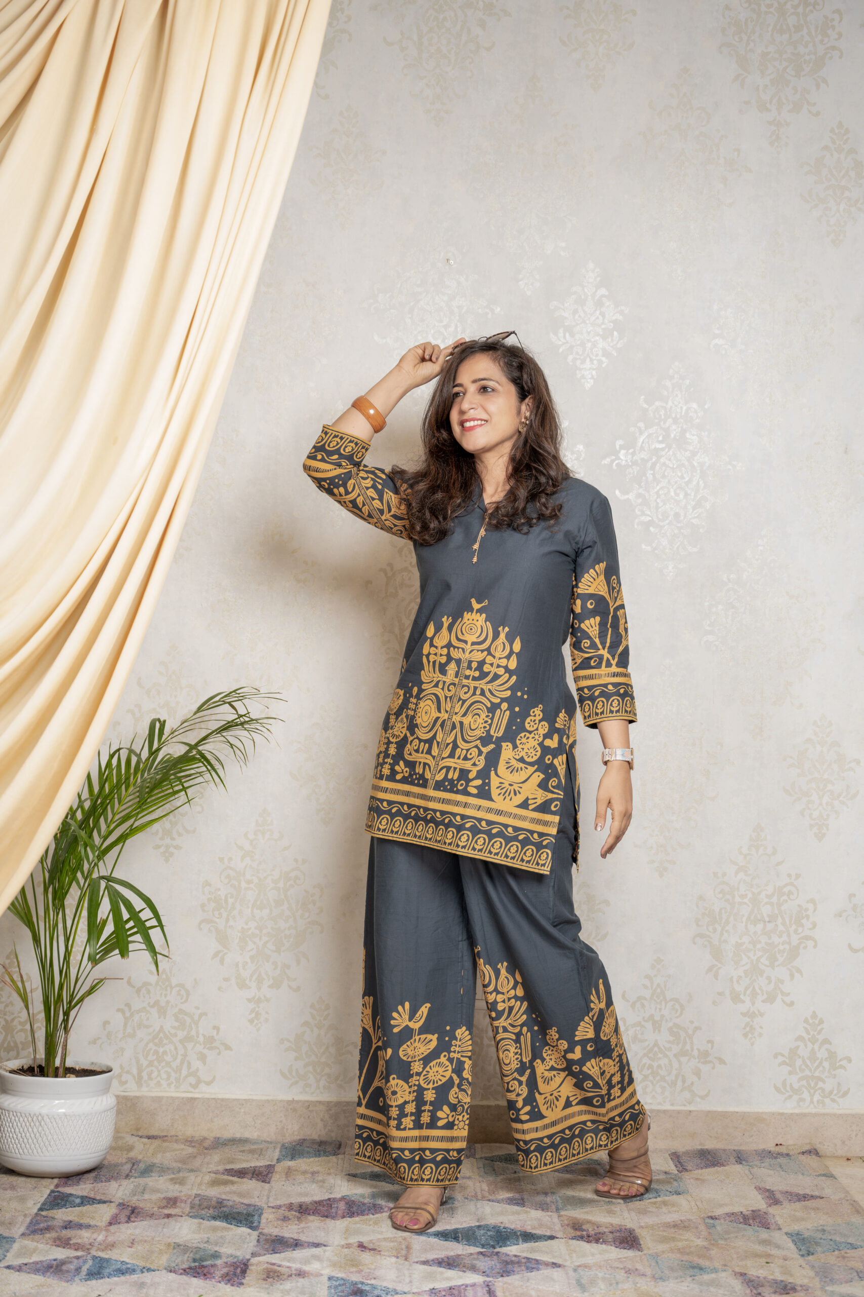 Golden Dusk – Charcoal Coord Set with Mustard Tribal Print - Image 3