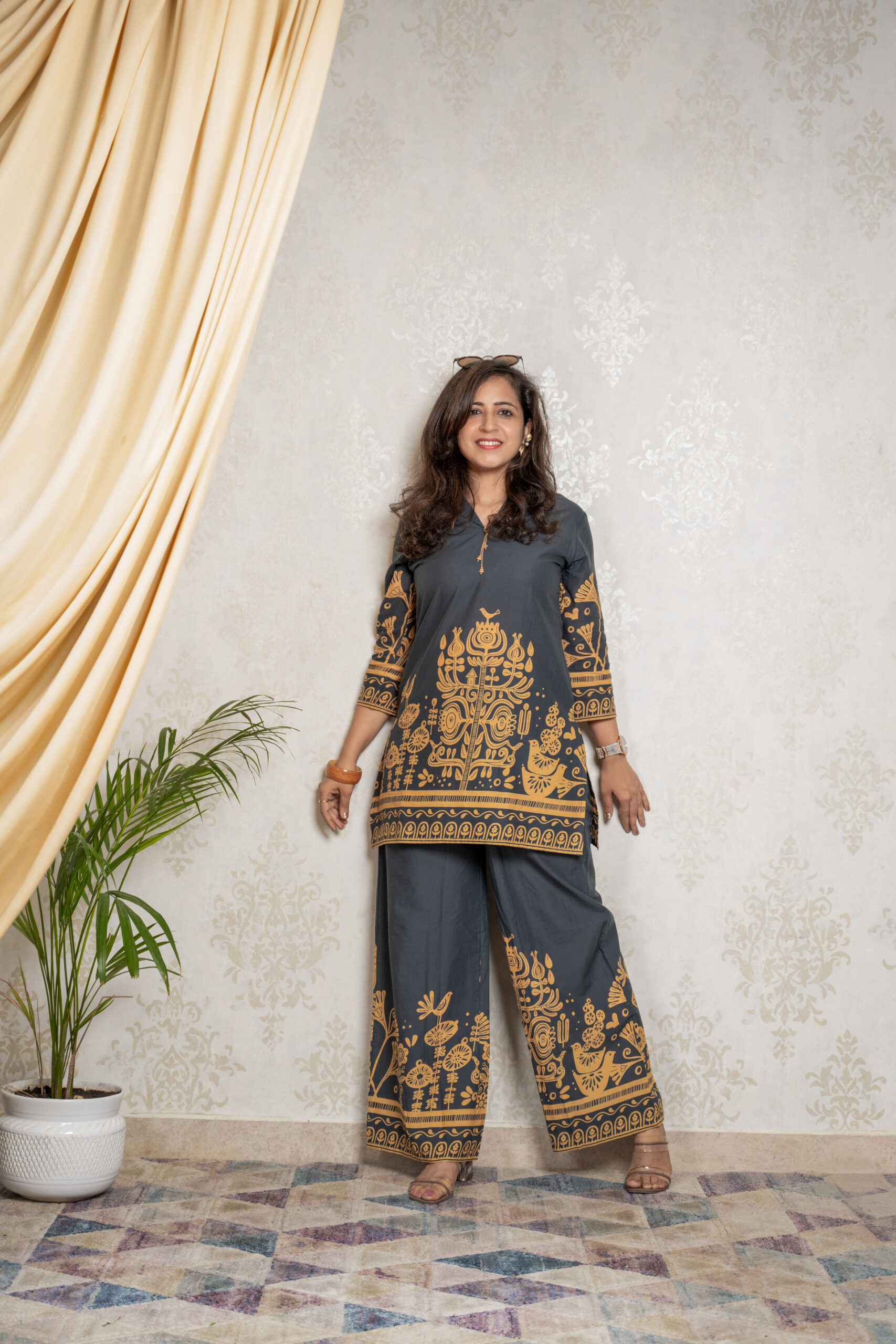 Golden Dusk – Charcoal Coord Set with Mustard Tribal Print - Image 2