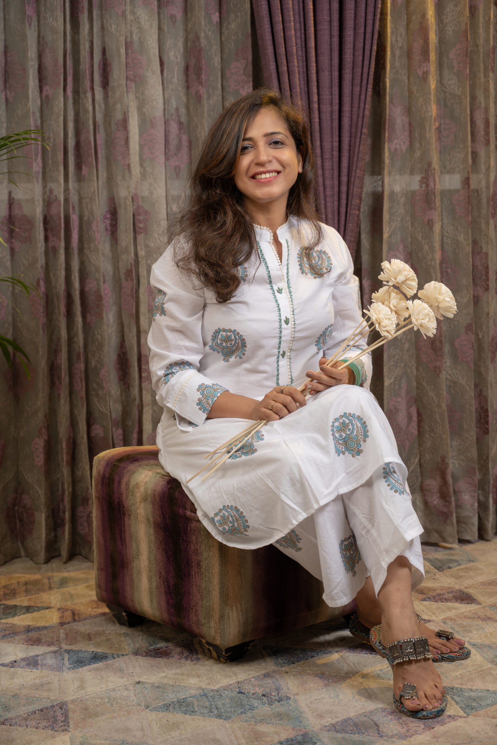 Sitara – White Cotton Kurta Set with Teal Mandala Print - Image 4