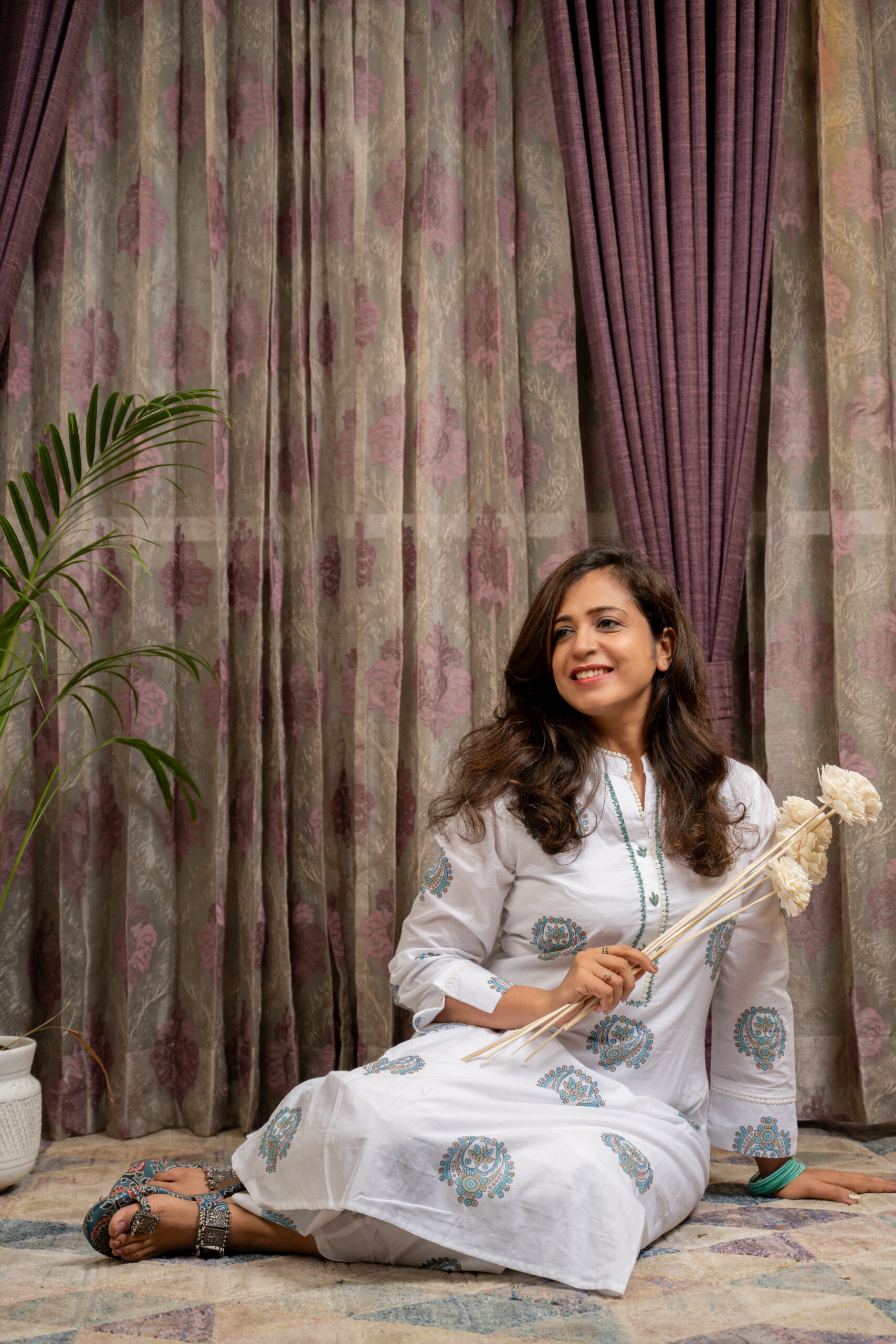 Sitara – White Cotton Kurta Set with Teal Mandala Print - Image 3