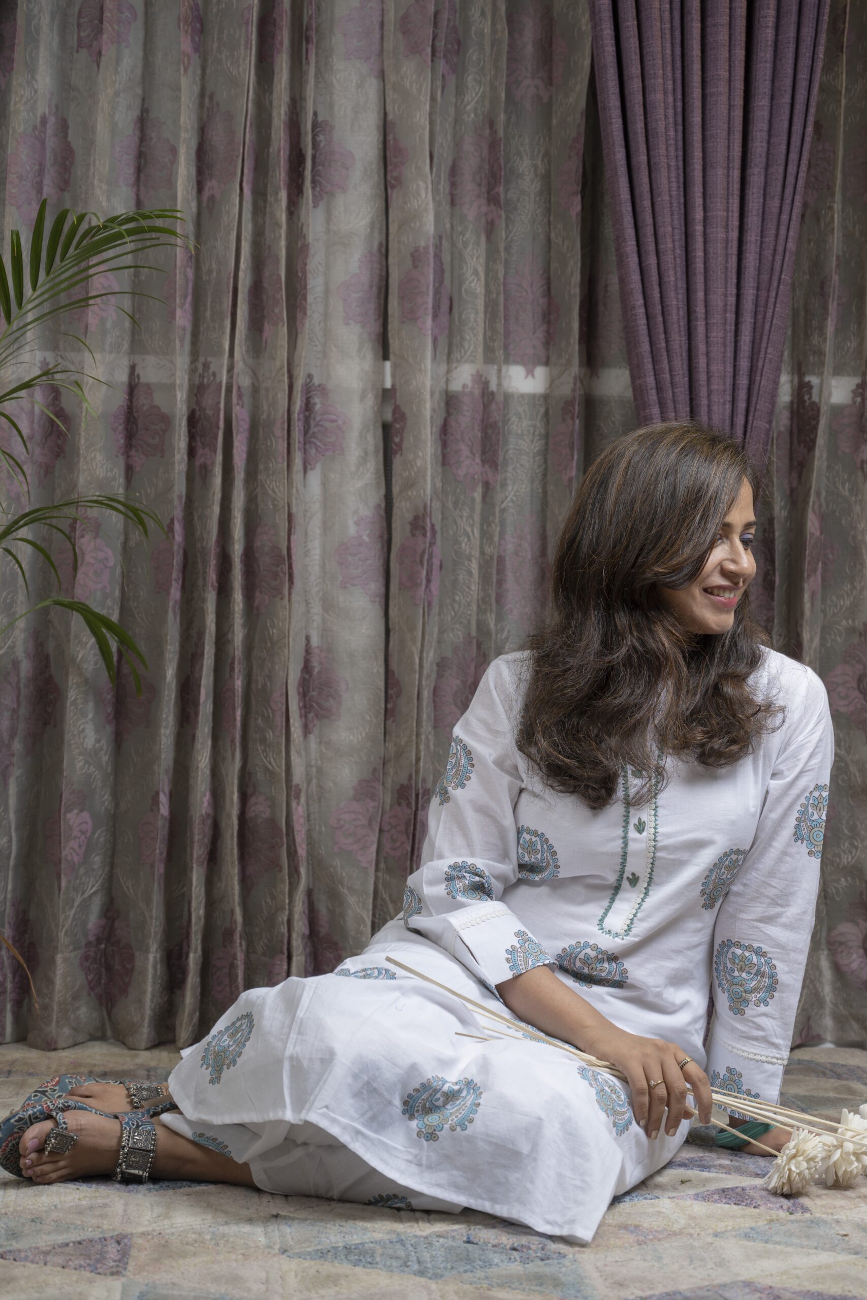 Sitara – White Cotton Kurta Set with Teal Mandala Print - Image 2