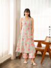 Pastel Green Halter Neck Pink Floral Print Kurta and Pant