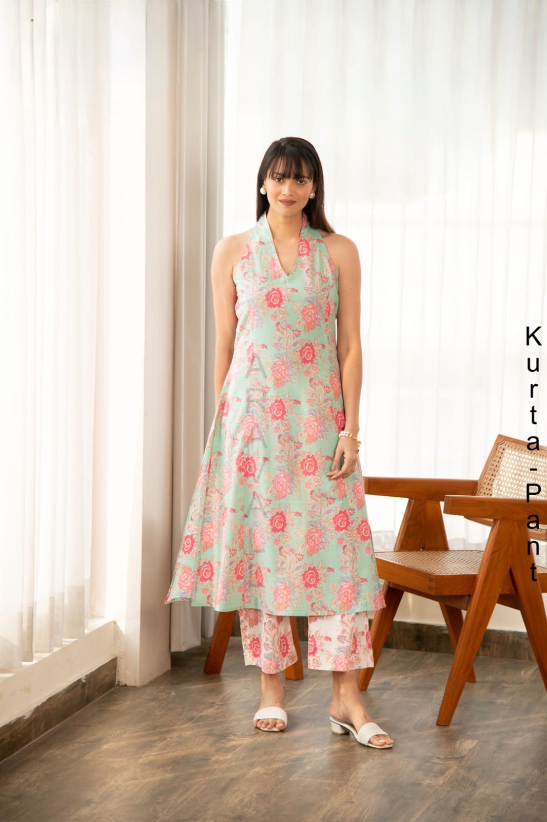 Pastel Green Halter Neck Pink Floral Print Kurta and Pant